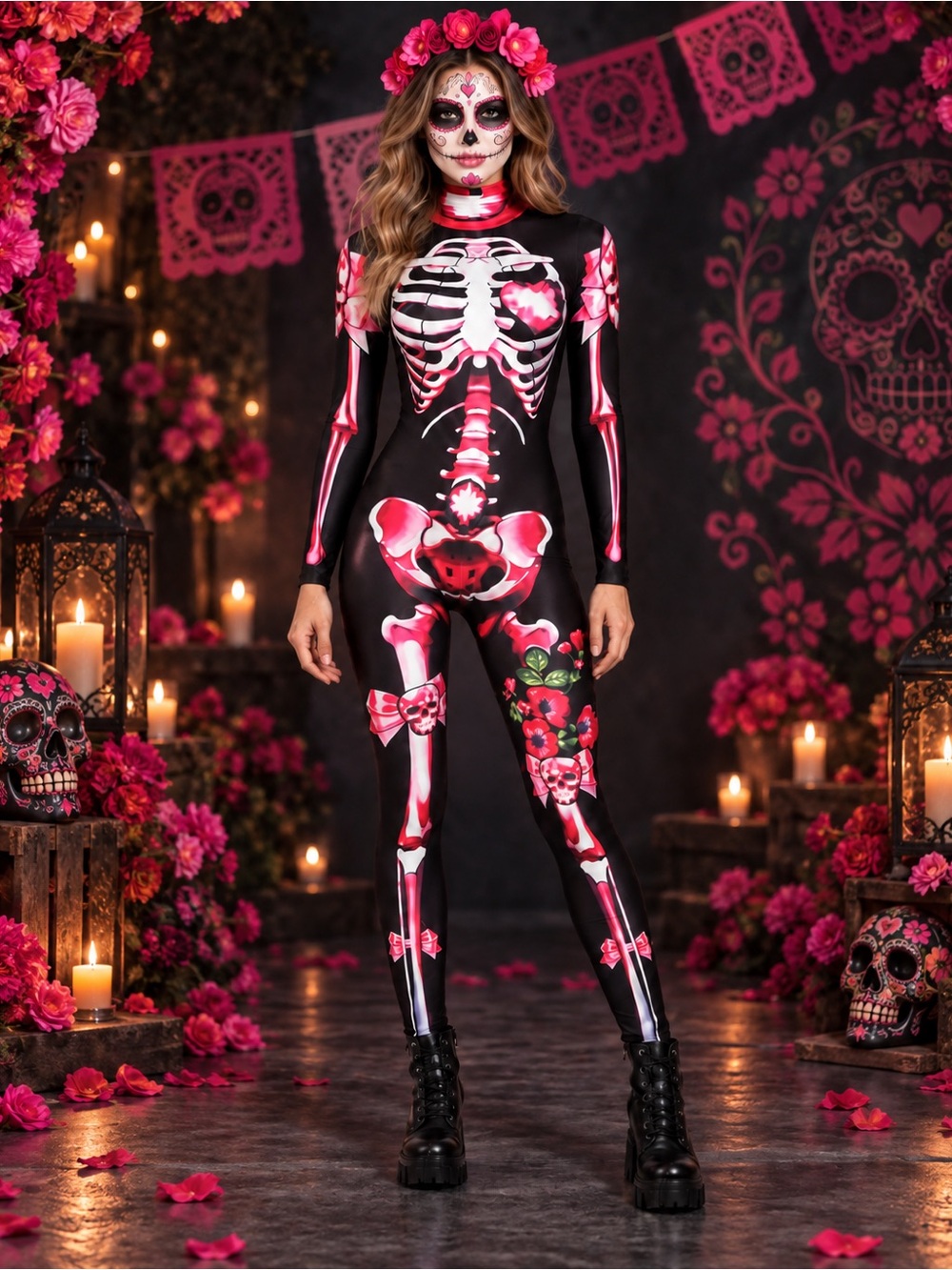 💀 Pink Day of the Dead Skeleton Halloween Costume Jumpsuit S / M